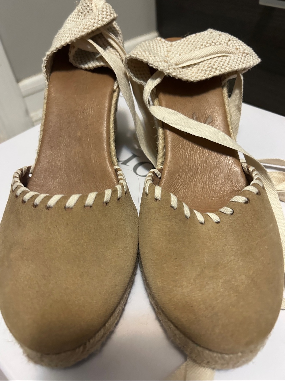 Lace-Up Espadrille Wedge Heels in Tan